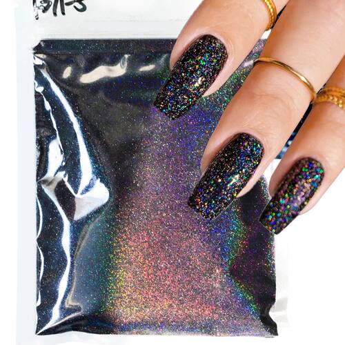 10g/Bag Holographic Laser Black Nail Glitter White Sugar Pow