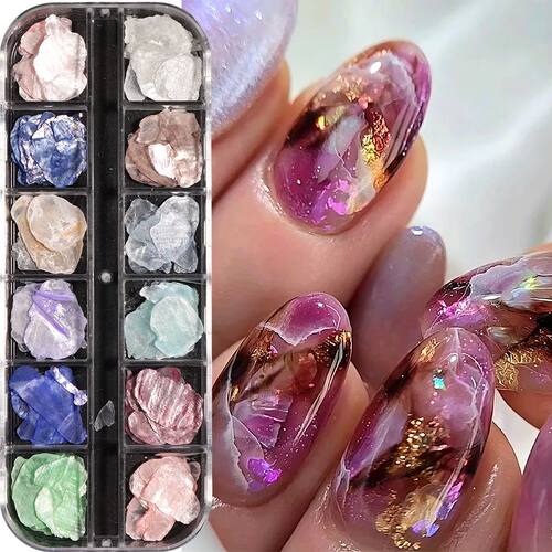 12 Grids Shell Nail Art Flakes Iridescent Thin Sea Shell Sli