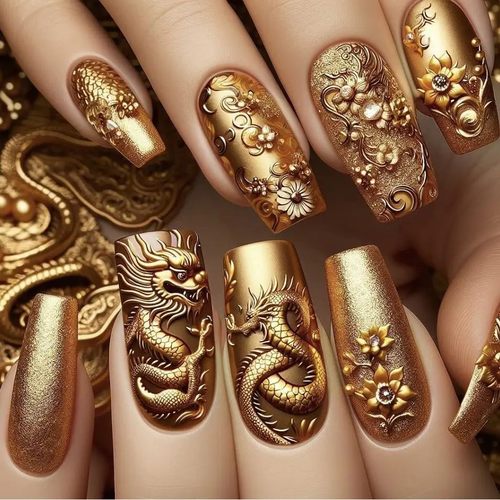 24pcs/set Medium long fake nails yellow dragon flowers feath