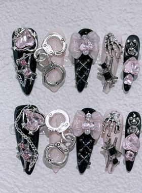 Long Stiletto Press on Fake Nails Blue Heart Diamond Bow Dec