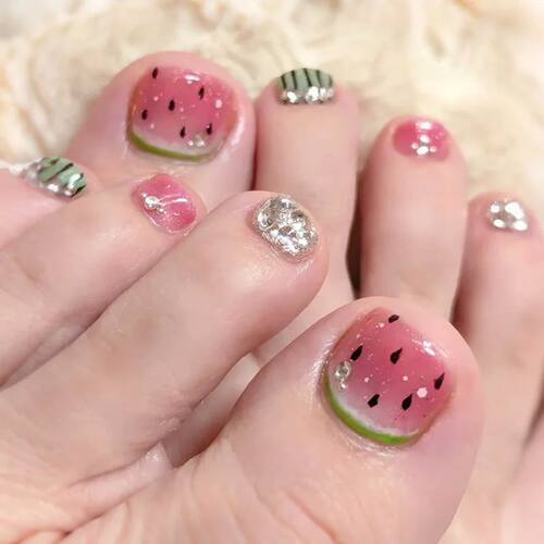 24pcs Colorful Painted Watermelon Fake Toenails Little Fresh