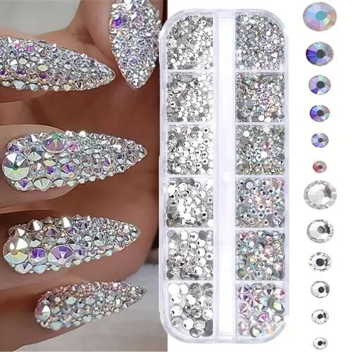 Boxed 3D Flat Back Nail Rhinestones Nail Gems Glass AB & Cle