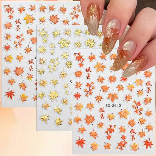 3 to 30 Sheets Autumn Maple Leaves Nail Stickers 5D Embossed