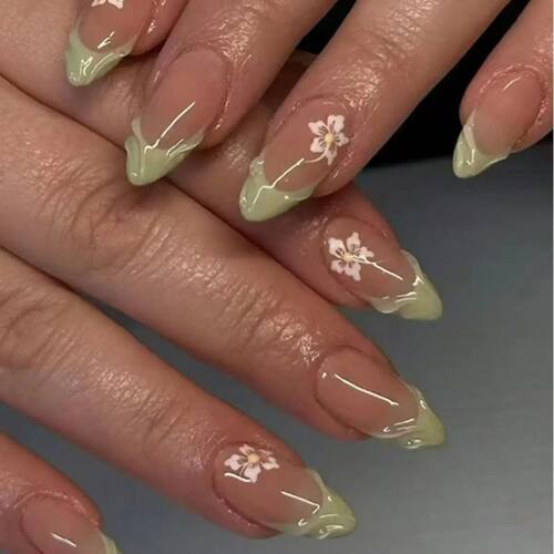 24pcs Simple Green French Fake Nails FinishedFlower Design A
