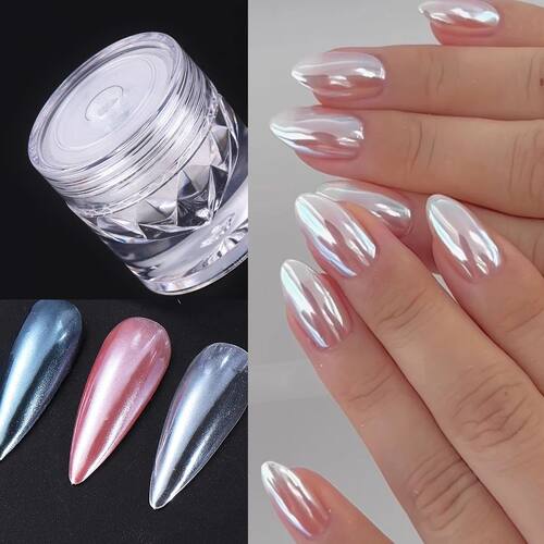 White Moonlight Mirror Nail Glitter Powder Aurora Glossy Pea