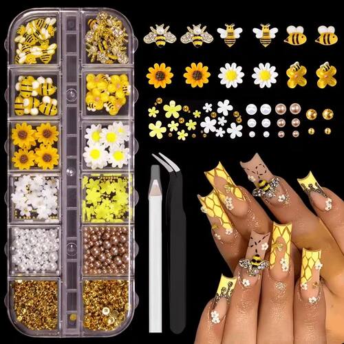 12grids Bee Sunflower Themed Nail Art Charms Set, 3D Bee Dai
