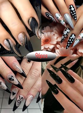 4 sets 96/24pcs  Nails Cofin press-On NaisSet, pure black gr
