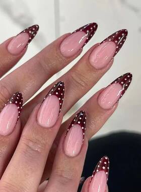 24pcs Pink Press on Nails with Polka Dot Pattern Design Almo