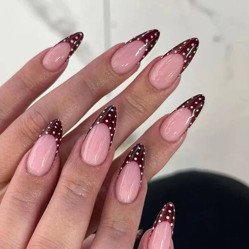 24pcs Pink Press on Nails with Polka Dot Pattern Design Almo
