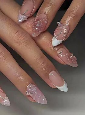 24pcs Press on Fake Nails Set Almond Wearable Simple French