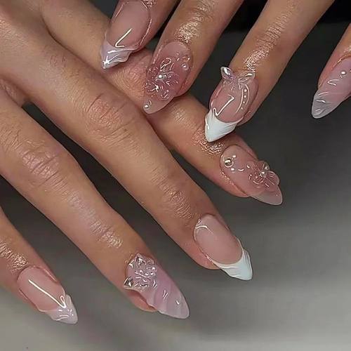 24pcs Press on Fake Nails Set Almond Wearable Simple French