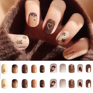 24Pcs Short Round Head Fake Press On Nail Cute MilkTea Color