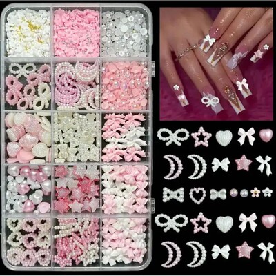 1 Box Pink White Series Bow Heart Nail Charms 3D Arcylic Nai