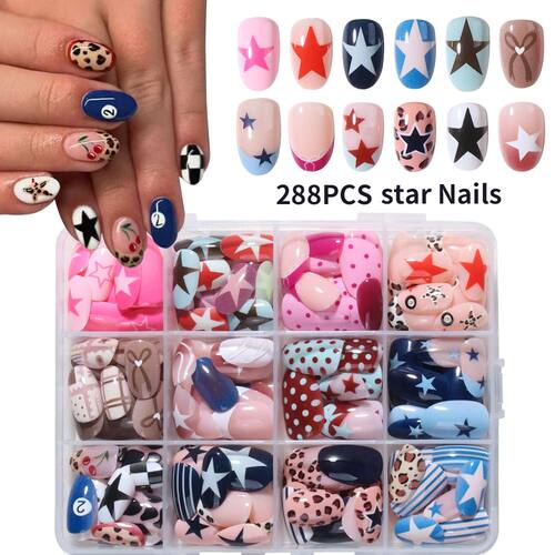 288pcs (12mixed) Eightball Nails Short Oval Leopard Print Na