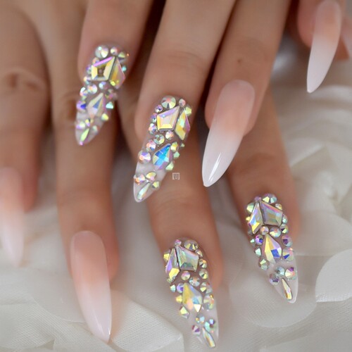 Fake Nails Designer Extra Long Ombre  Jewelry Pre-designed