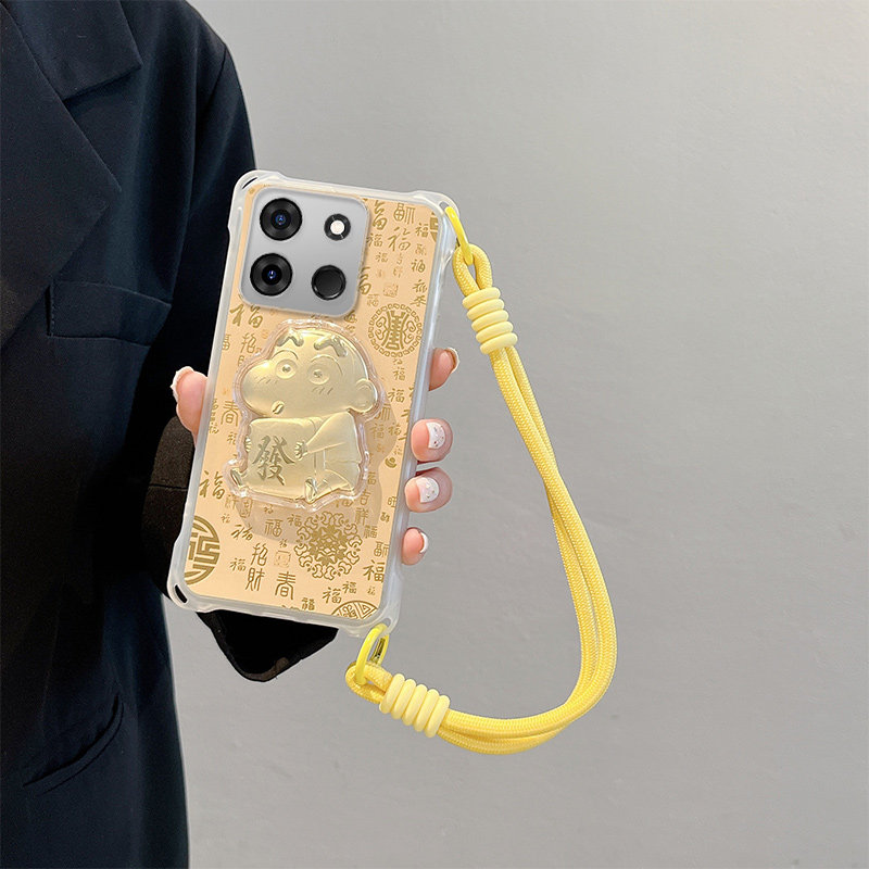 适用于Tecno Pop7手机壳浮雕发财小新传音pop7pro可爱潮金泊卡通少女情侣四角挂绳马年全包