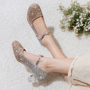 小女孩水晶鞋 女童公主鞋 高跟皮鞋 走秀表演出鞋 小主持人 春秋礼服鞋