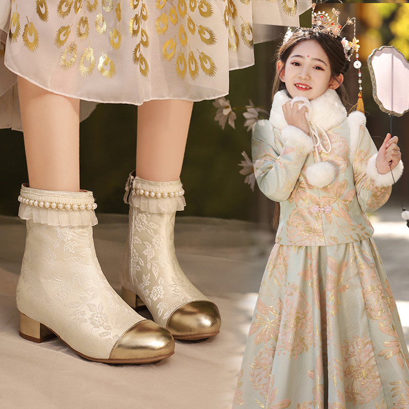 女童新中式国风高跟鞋2025秋冬季新款旗袍中大童马面裙儿童短靴子