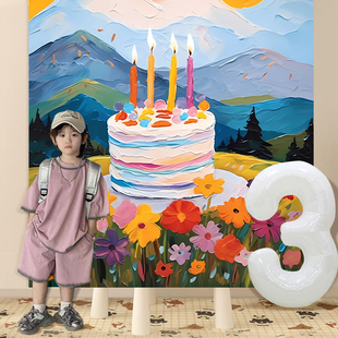 饰品场景女孩男孩儿童宝宝大蛋糕挂布背景气球氛围派对 生日布置装