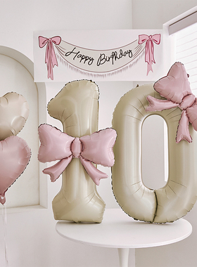 韩式奶油粉色蝴蝶结数字气球女孩生日派对装饰布置仪式感拍照道具