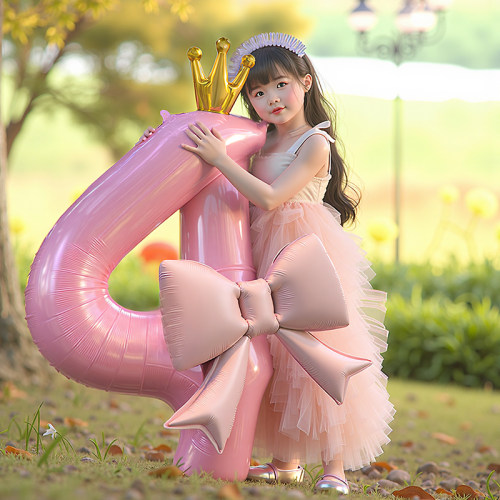 粉色蝴蝶结数字气球四岁小女孩生日场景布置装饰儿童户外拍照道具
