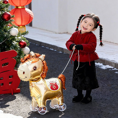 马年新年小马带轮走路气球卡通站立幼儿园儿童小礼品户外拍照道具