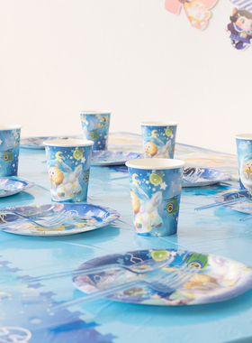 蛋仔派对一次性餐具蓝色主题生日桌布纸杯子纸盘男女孩派对布置