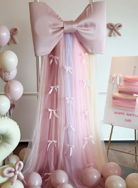 超大蝴蝶结生日派对布置场景订婚蛋糕网纱KT版2岁女孩宝宝生日宴