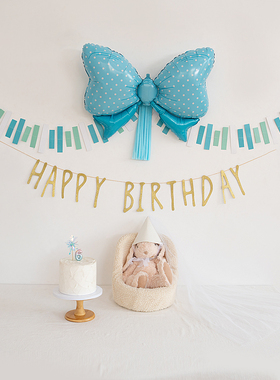 ins风男孩宝宝儿童周岁生日快乐派对背景装饰蓝色系气球场景布置