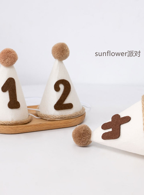 奶茶色毛球生日帽儿童头饰宝宝周岁生日派对装饰帽子ins拍照道具