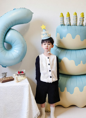 站立蛋糕气球蓝色数字生日布置场景装饰男孩氛围感5周岁3拍照道具