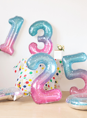 新款40寸星空渐变色蓝色色数字铝膜气球网红儿童派对拍照装饰纪念