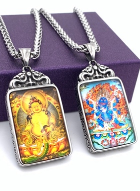 新款双面钛钢吊坠一面黄财神一面大黑天唐卡项链男潮国风时尚挂饰