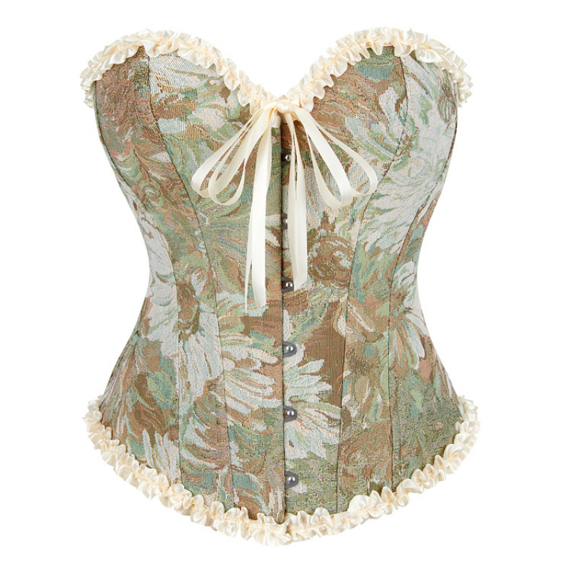 绿色花纹杏色花边上衣美体束腰托胸女宫廷塑身衣马甲小礼服corset