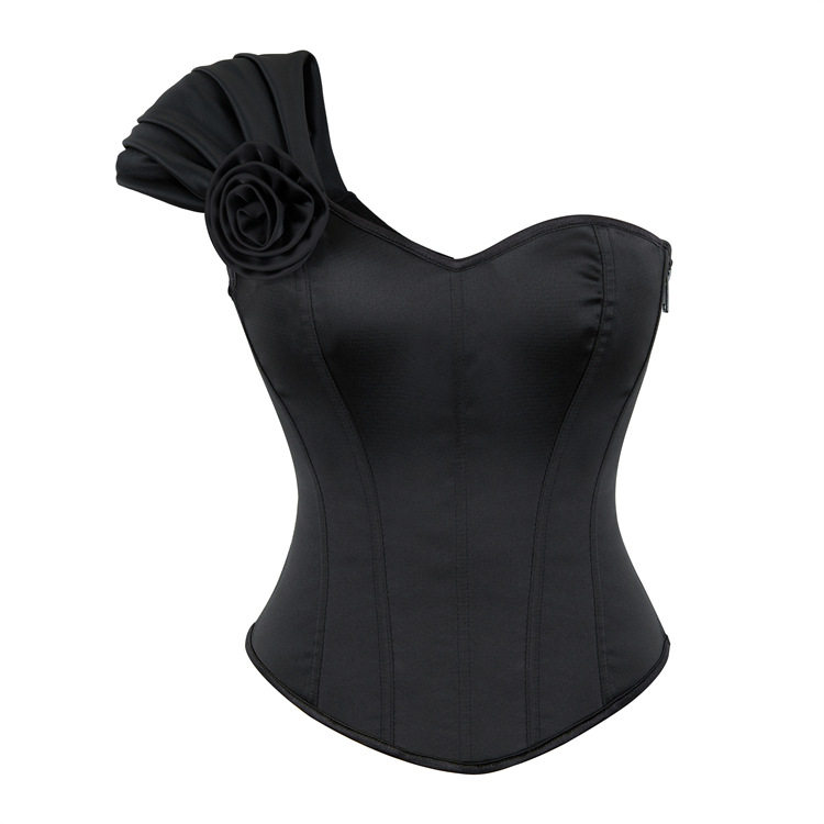 新款黑色拉链玫瑰花装饰单披肩女士美体束腰宫廷性感无袖塑身上衣