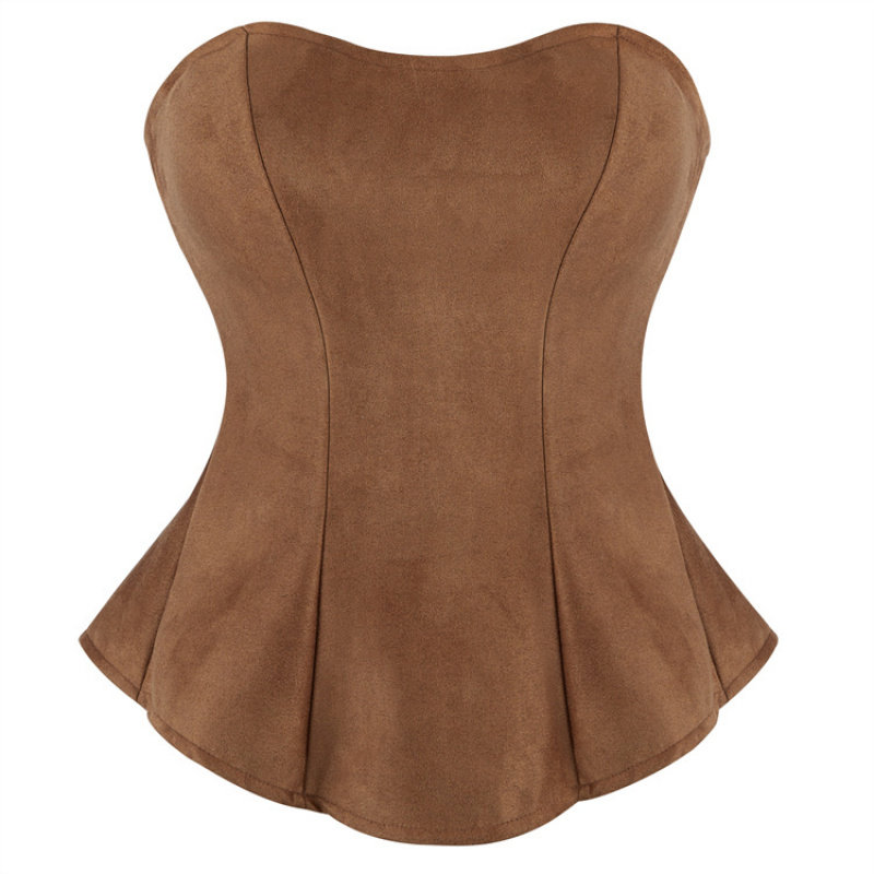 复古棕色麂皮绒收腰短外套女修身显瘦抹胸裹胸夹克外搭上衣corset