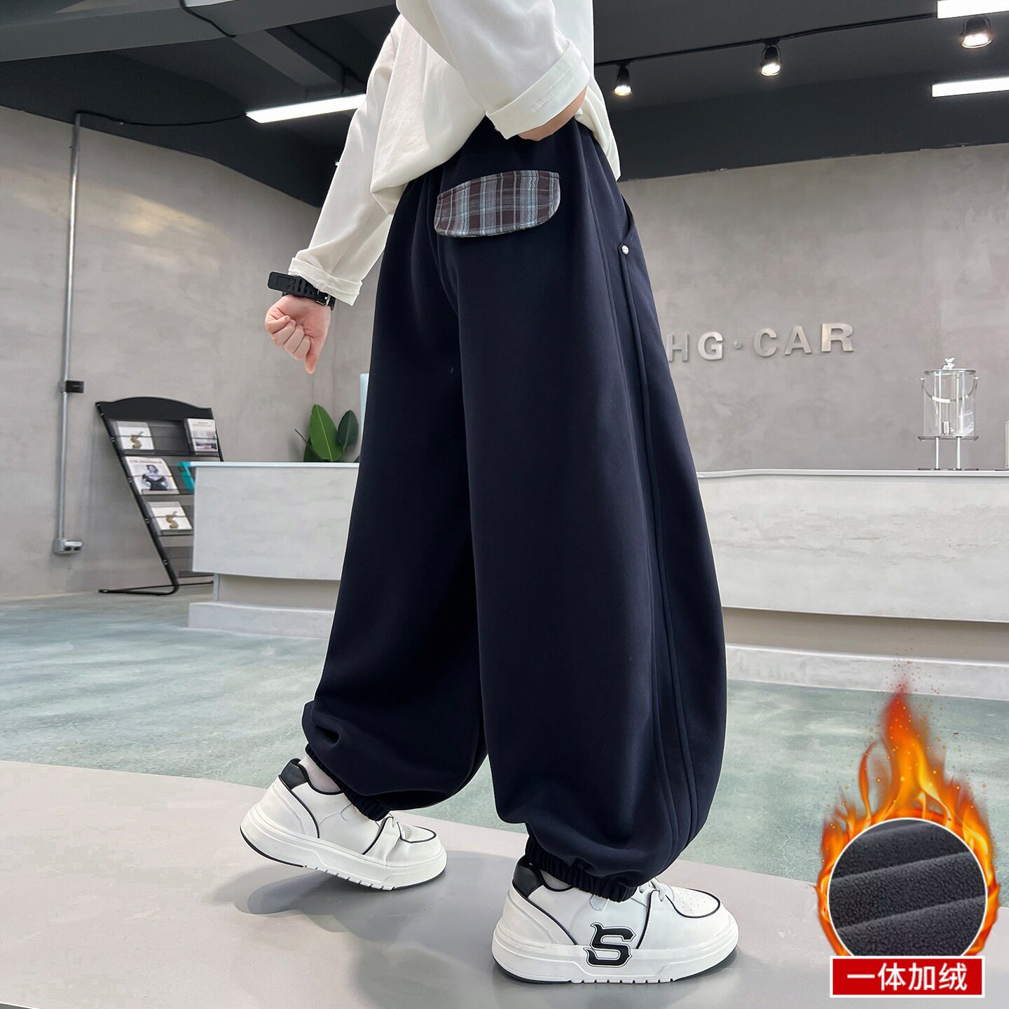 男童秋冬加绒束脚运动长裤