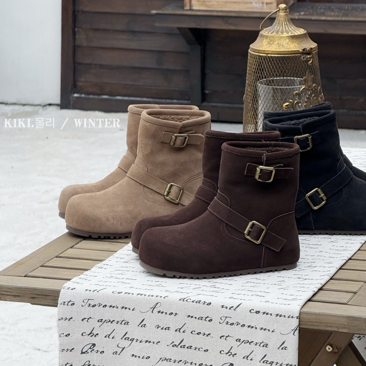 美拉德风加绒皮带扣雪地中筒靴