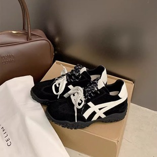 休闲运动鞋 里外真羊皮 女2025秋冬新款 7cm内增高黑色厚底德训鞋