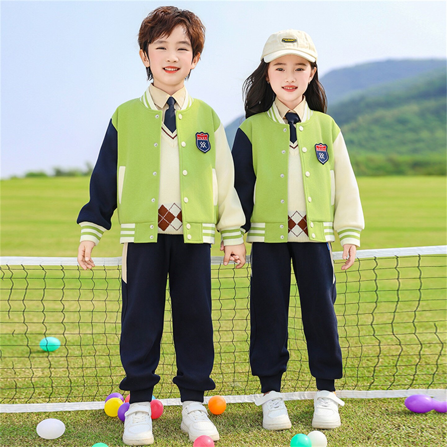 校服套装小学生春秋装三件套绿色儿童运动会班服学院风幼儿园园服