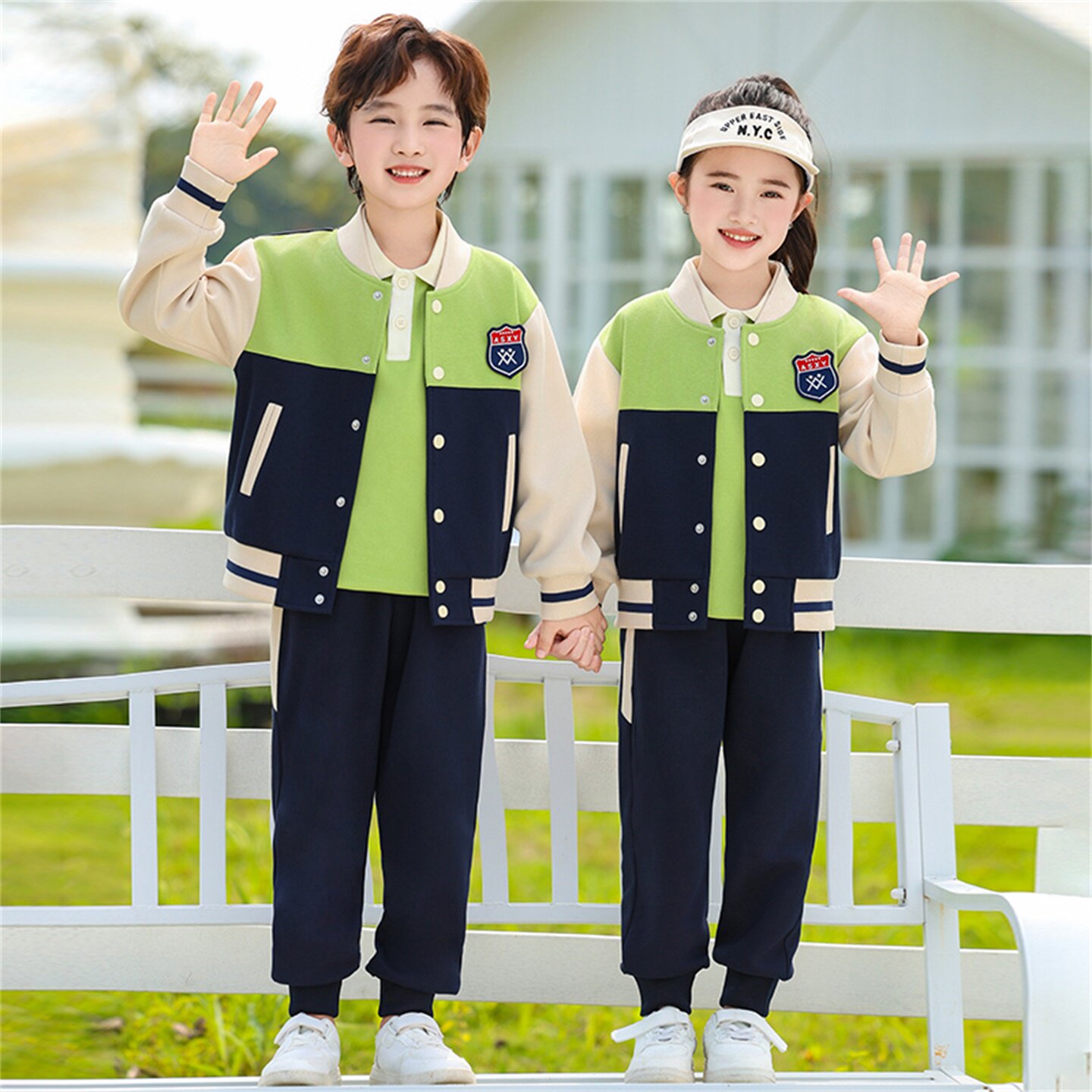 幼儿园园服春秋款小学生校服棒球服秋季套装儿童绿色班服三件套