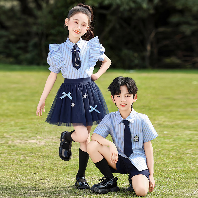 幼儿园园服学院风毕业六一儿童合唱朗诵演出服蓝色衬衫小学生班服