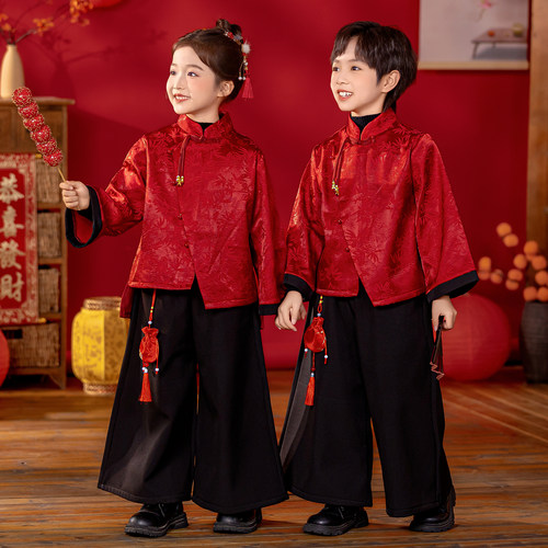 儿童拜年服汉服保暖女童国风幼儿园元旦表演服男童喜庆唐装演出服