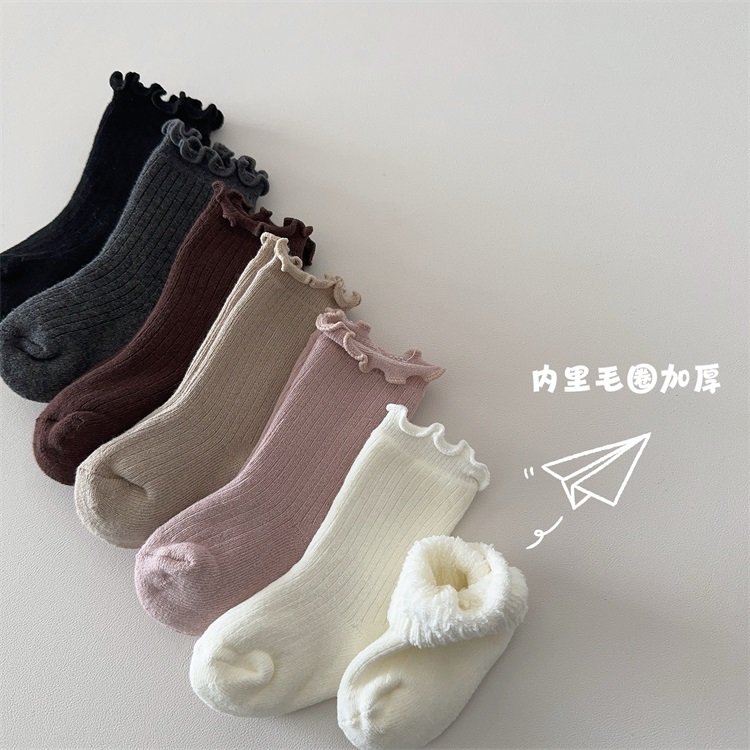 宝宝袜子秋冬纯棉加厚保暖婴儿中筒袜木耳边不勒腿长袜冬季毛圈袜