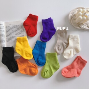 ins潮儿童袜子春秋纯棉薄款男童中筒袜宝宝纯色春夏彩色小童袜子