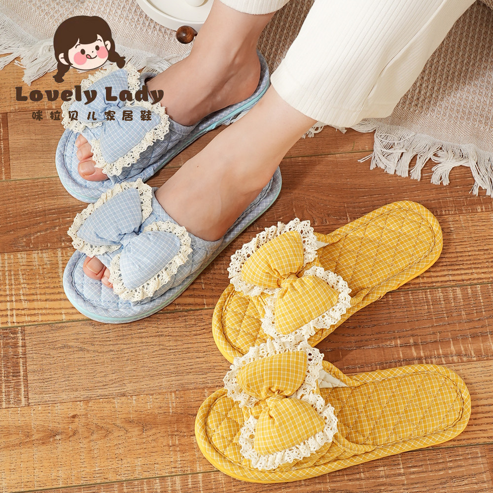 新款纯棉布艺韩版蕾丝居家三层布底加厚静音室内地板男女情侣拖鞋