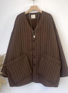 日系复古压线纯色秋冬新款宽松轻薄休闲百搭V领保暖上衣V领薄棉