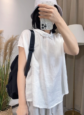 气质不俗！无袖衬衫!文艺范小领刺绣宽松亚麻上衣雪蓝杉