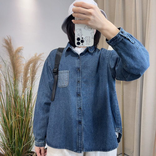 复古纯棉牛仔衬衫女酵素水洗