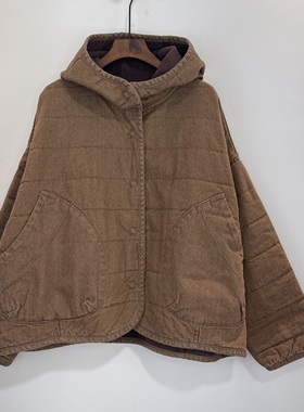 连帽棉衣秋冬压格棉衣女保暖棉衣潮款休闲宽松复古风棉服外套